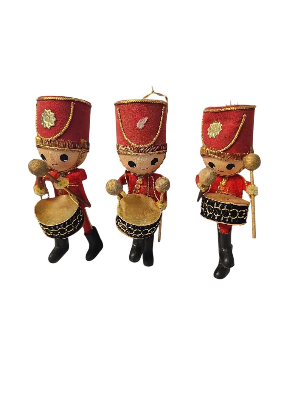 3 Vintage Drummer Toy Soldiers Handmade 1960s Red Christmas Ornament 5" *Read*